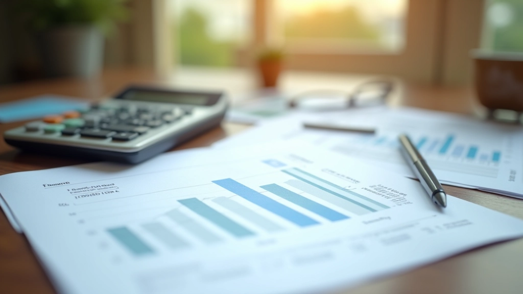 Gros plan de relevés bancaires et d'une calculatrice sur un bureau, documents bien organisés, éclairage naturel