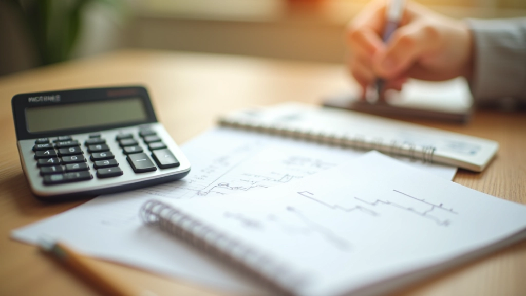 Calculatrice et bloc-notes avec chiffres manuscrits sur un bureau, lumière naturelle douce, feuille de calcul visible
