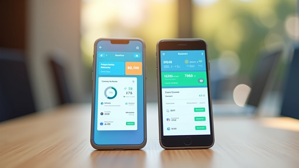 Deux smartphones côte à côte affichant les interfaces d'applications bancaires numériques avec tableaux de bord de comptes colorés