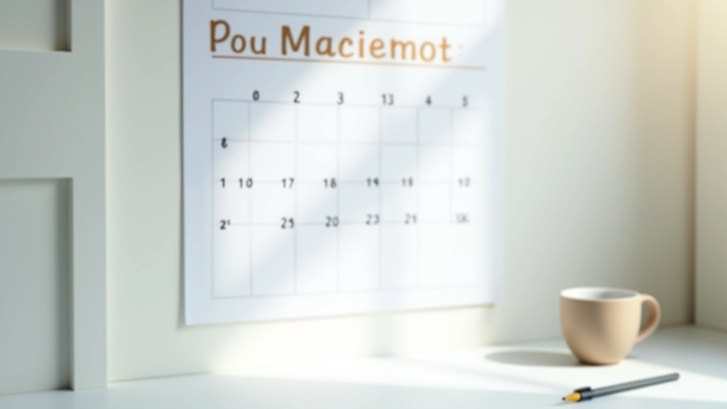 Calendrier mural montrant les dates de paiement marquées, stylo et tasse de café à proximité sur un bureau
