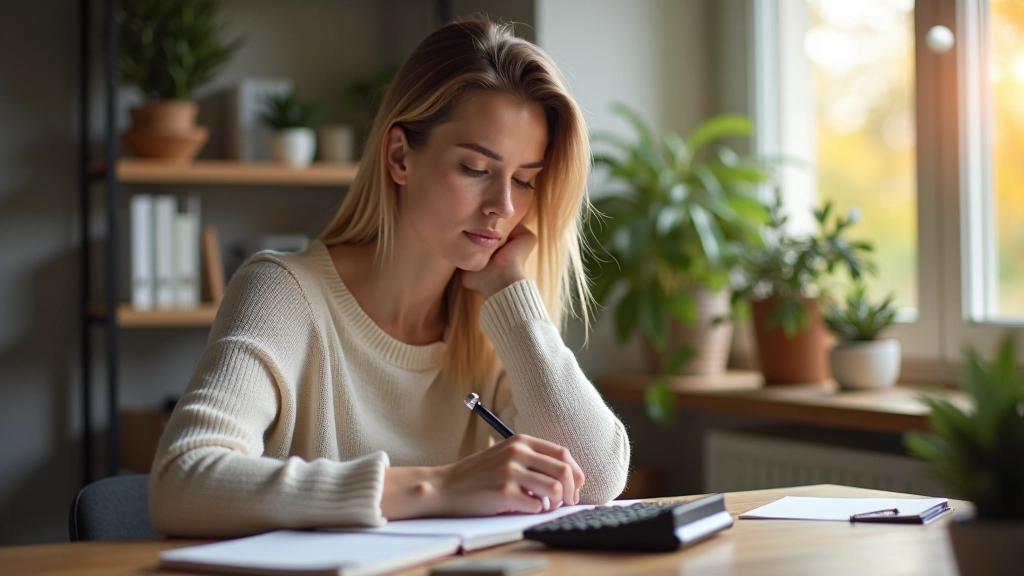 Femme travaillant sur son budget mensuel avec un carnet et une calculatrice, environnement calme et organisé