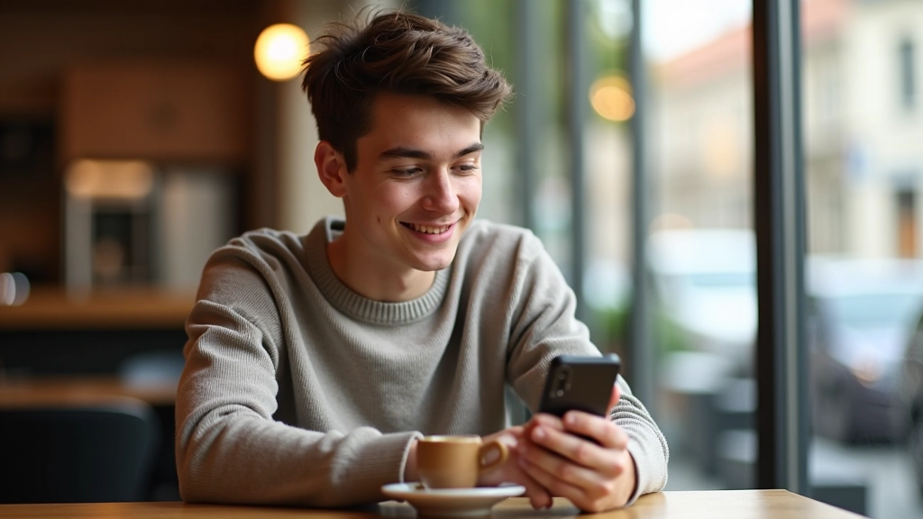 Jeune adulte regardant son téléphone avec une expression satisfaite, assis dans un café moderne avec un ordinateur portable en arrière-plan