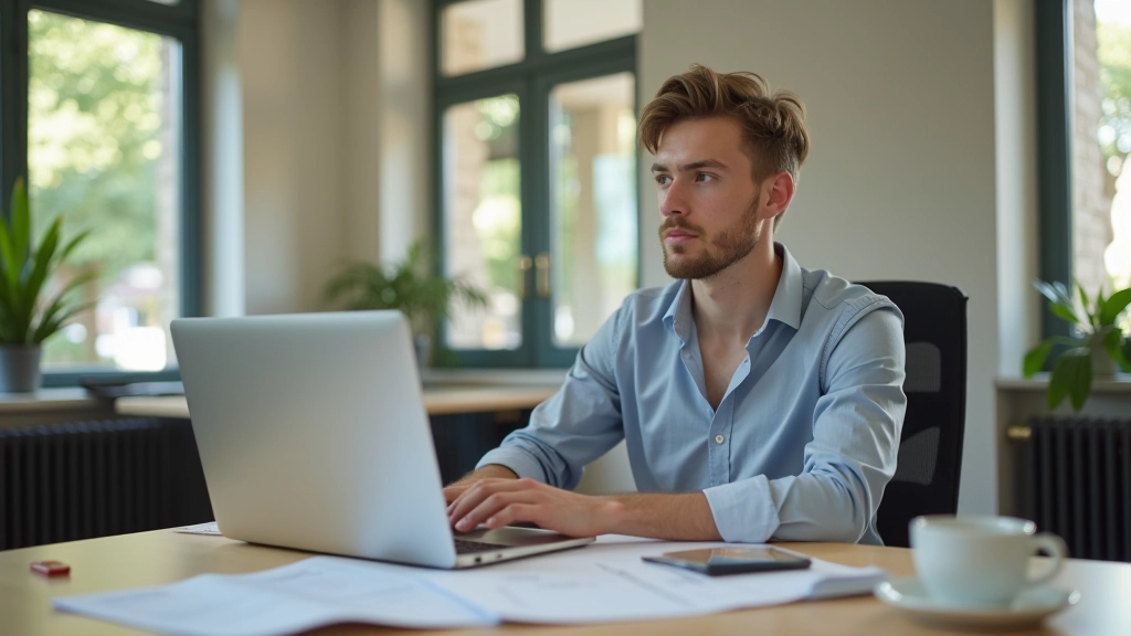 Jeune adulte travaillant sur un ordinateur portable avec des documents financiers et une tasse de café sur un bureau moderne