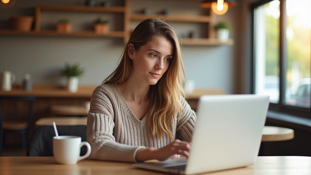 Jeune femme regardant un relevé de crédit sur un ordinateur portable dans un café moderne